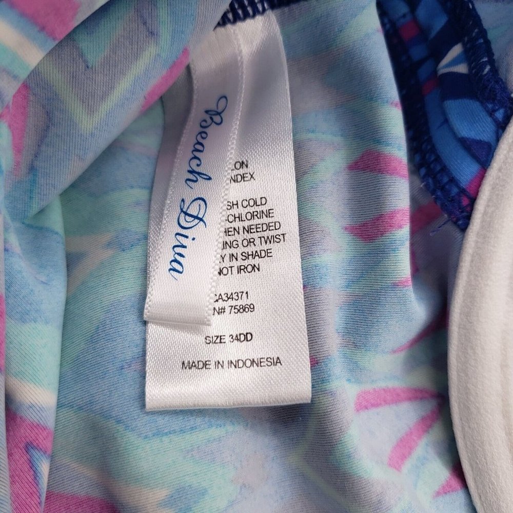 Beach Diva Blue Pink Geometric Tankini Swim Suit Top Size 34DD Built in bra - Picture 6 of 6